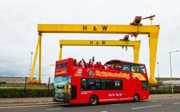 Belfast Hop On Hop Off Bus Tour passing Harland & Wolff